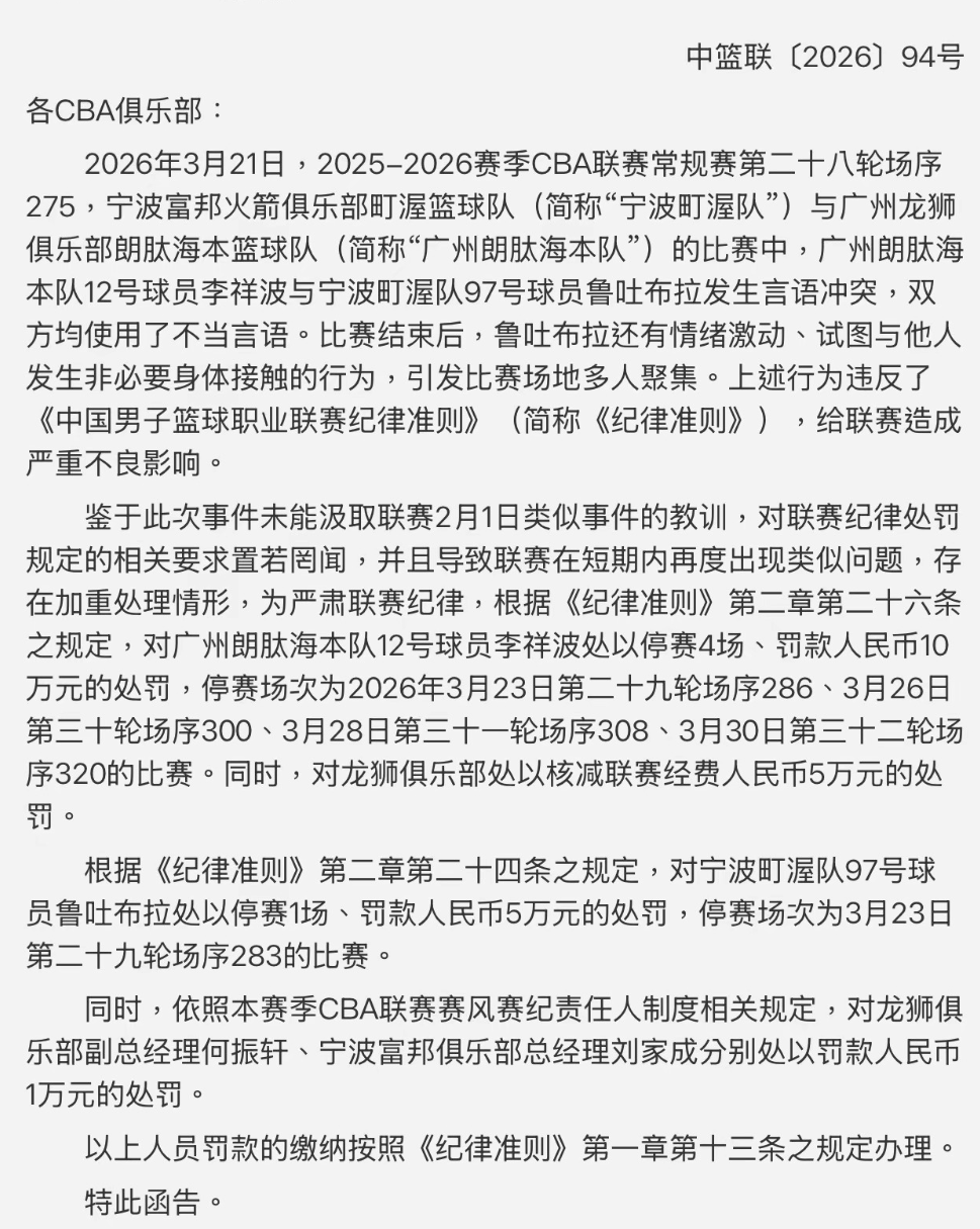 开云中国官网-CBA重罚！李祥波因不当言论被禁赛4场，鲁吐布拉情绪激动被禁1场